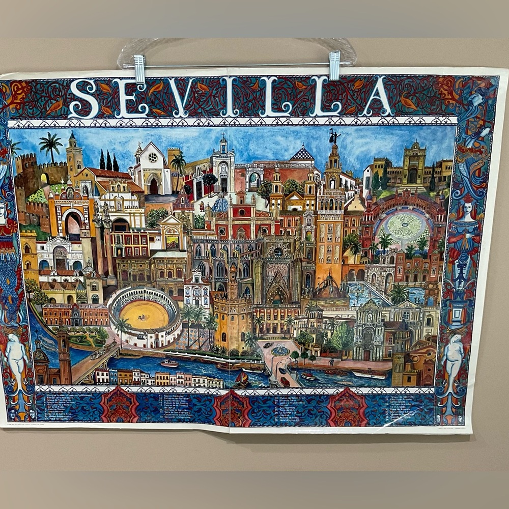 🍏🍏🍏 Two Sided Poster of Sevilla (28” x 39”) With 34 Names of Places of Interest